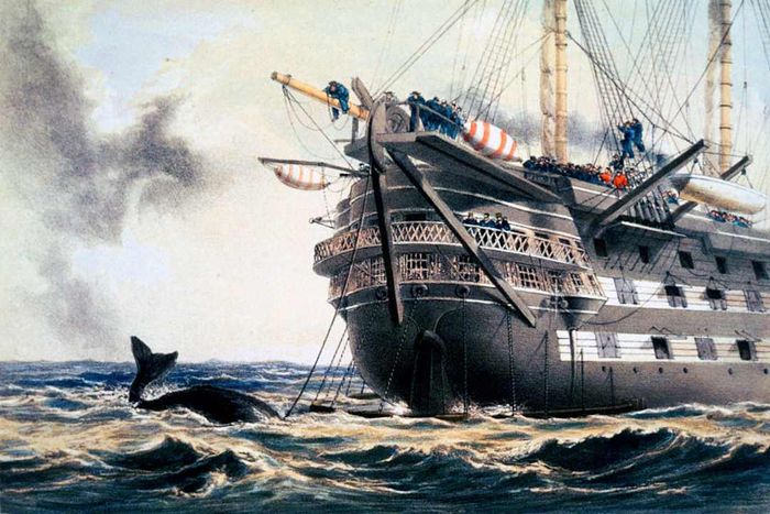 An 1866 depiction of the H.M.S. 'Agamemnon' laying the first Atlantic Telegraph Cable in 1857 (1866)