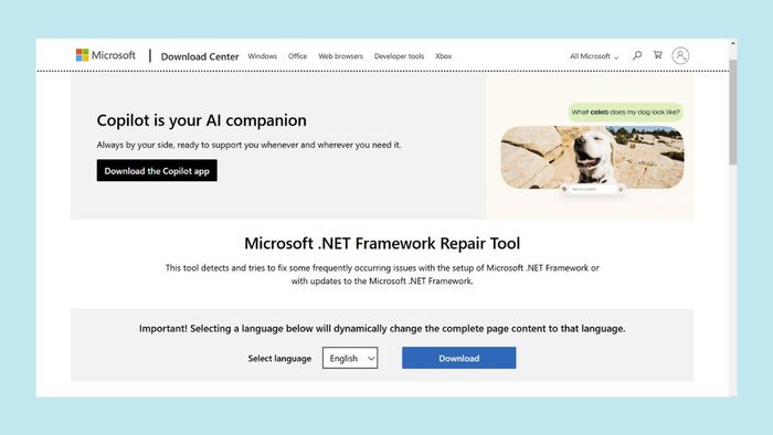 Dùng công cụ Microsoft .NET Framework Repair Tool, bước 1