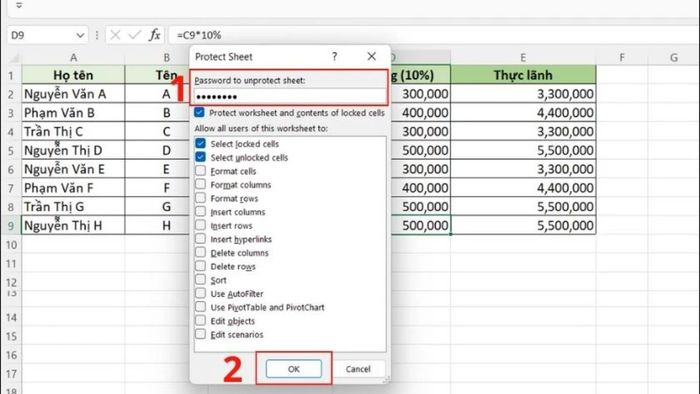 Hướng dẫn ẩn công thức trong Excel - Cách 2, Bước 2