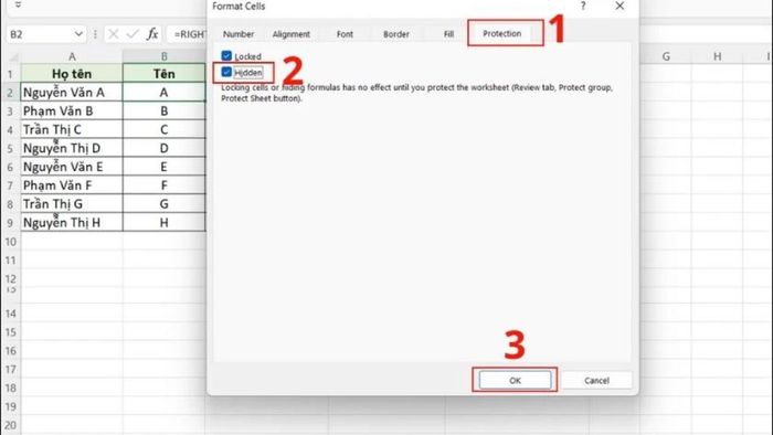 Hướng dẫn ẩn công thức trong Excel - Cách 1, Bước 3