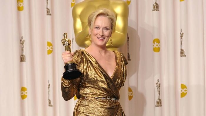 Meryl Streep holding her Oscar for her role in *The Iron Lady* back in 2012.