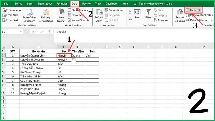 Hình ảnh minh họa cách sử dụng Flash Fill tách dữ liệu bước 2