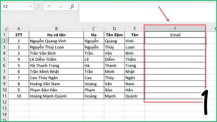 Hình ảnh minh họa cách tạo dãy Email tự động bằng Flash Fill bước 1