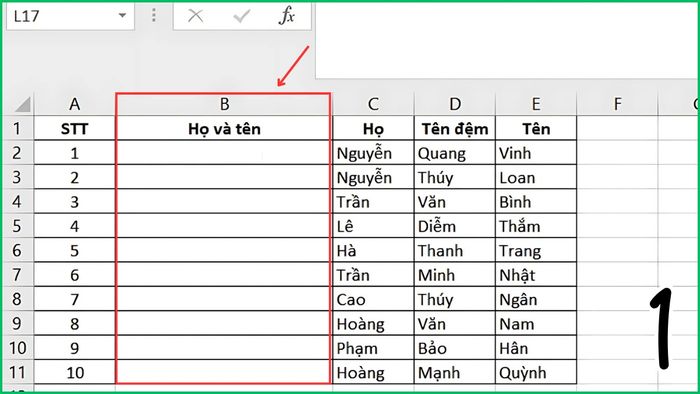 Hình ảnh minh họa cách sử dụng Flash Fill ghép dữ liệu trong Excel bước 1
