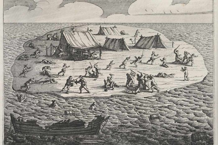 1647 illustration of 'Batavia' shipwreck survivors battling each other on an island