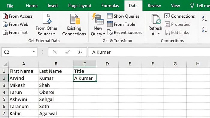Công cụ Flash Fill trong Excel không thể tự động cập nhật dữ liệu