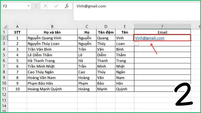 Hình ảnh minh họa cách tạo dãy Email tự động bằng Flash Fill bước 2