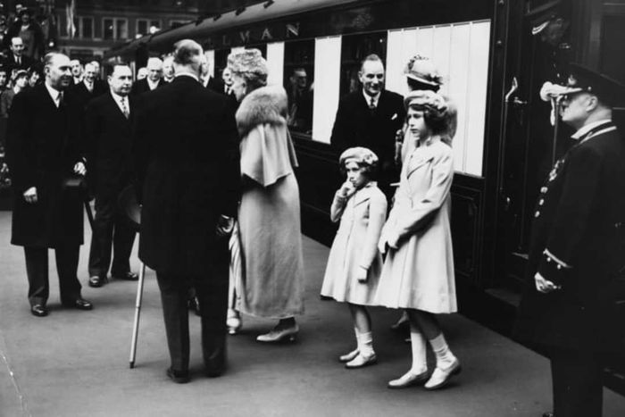 Princesses Elizabeth (right) and Margaret at Waterloo Station, London, 1939.