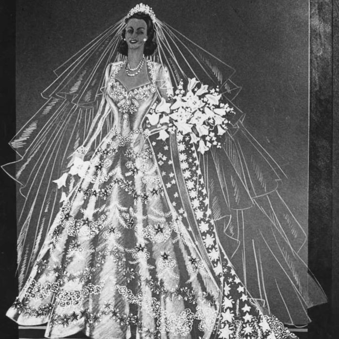 A 1947 design sketch for Princess Elizabeth’s wedding dress by Norman Hartnell.