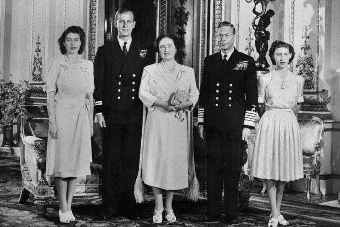 Princess Elizabeth, Philip Mountbatten, Queen Elizabeth, King George VI, and Princess Margaret