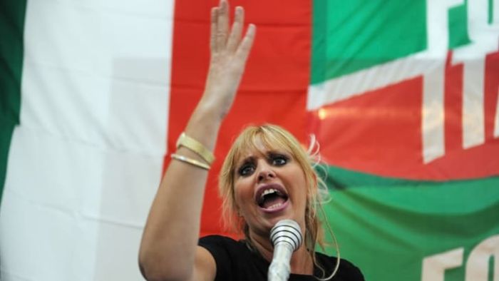 Italian Senator Alessandra Mussolini is seen addressing a political rally in 2014.