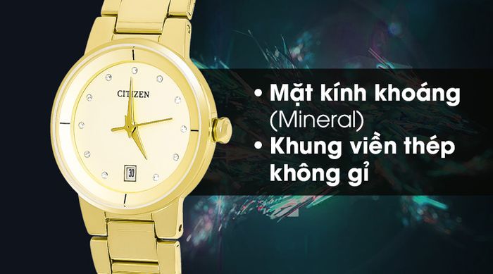 Đồng hồ nữ Citizen EU6012-58P có mặt kính cứng cáp, khung viền bền bỉ
