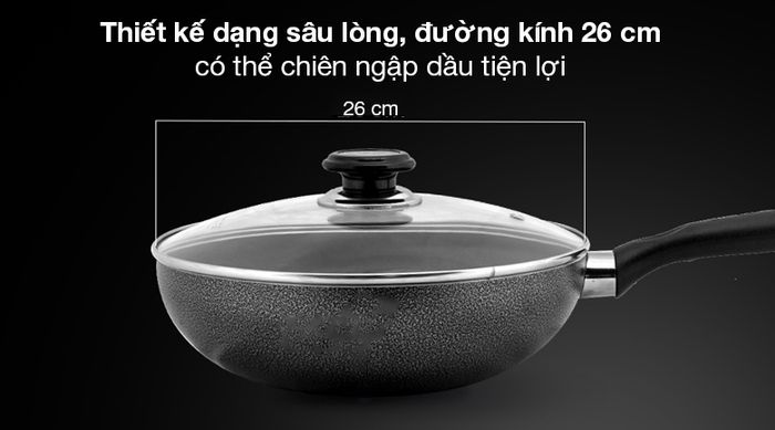 Chảo nhôm sâu chống dính nắp kính 26cm Sunhouse SHS26K - Thiết kế dạng sâu lòng, đường kính 26 cm