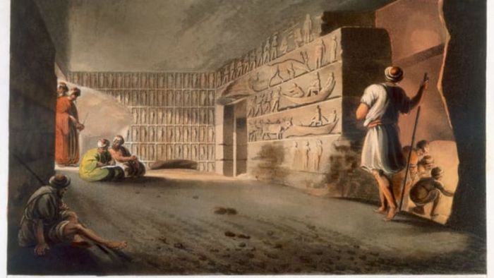 A depiction of an underground chamber near the Giza Pyramids by artist Thomas Milton.