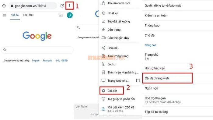 Truy cập cài đặt trang web trên điện thoại để chặn quảng cáo trên Google Chrome
