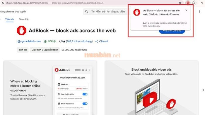 Công cụ chặn quảng cáo trên Google Chrome đã được thêm thành công