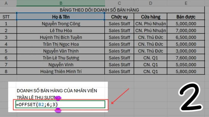 Hướng dẫn sử dụng hàm OFFSET trong Excel - Bước 2