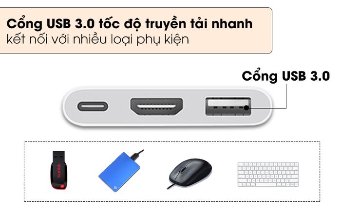 Sử dụng cổng USB 3.0 với tốc độ xử lý nhanh chóng - Adapter chuyển đổi Type C sang HDMI/Type C/USB Apple MUF82 Trắng