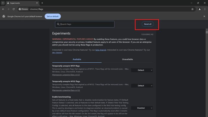 Vô hiệu hóa các tính năng thử nghiệm của Chrome