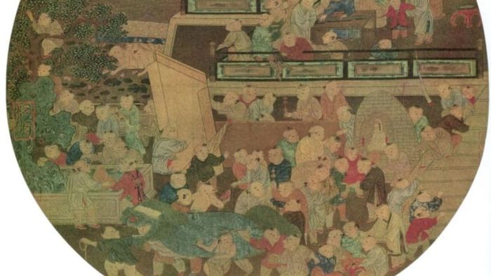 One Hundred Children Playing in the Spring (百子嬉春图页), a 12th-century artwork from the Song Dynasty, features a depiction of a lion dance.