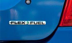 A Ford Fusion car displaying the Flex Fuel logo, parked at the Serramonte Ford dealership in Colma, Calif.