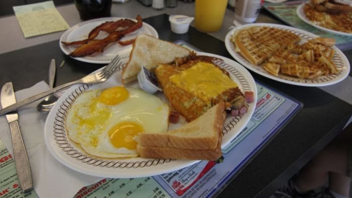 A selection of breakfast items available at Waffle House.