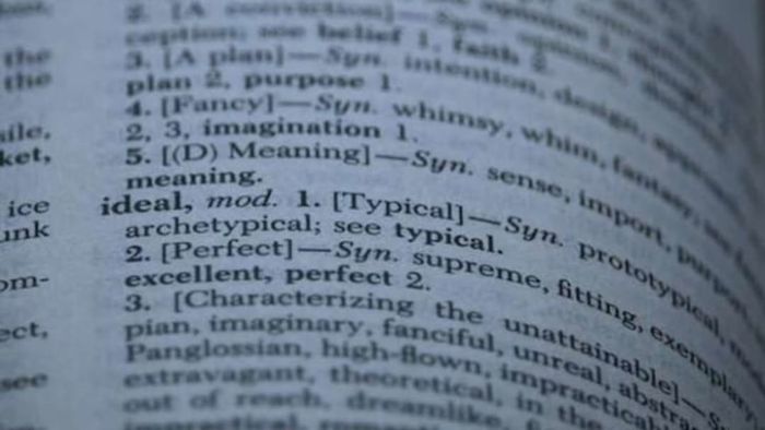 A close-up view of the word 'ideal' in a thesaurus.