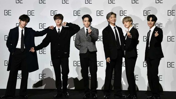 South Korean K-pop boy band BTS members (left to right) V, Jin, Jung Kook, RM, Jimin, and J-Hope pose for a photo session during a press conference.