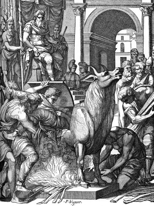 'Perillus condemned to the bronze bull by Phalaris', 16th century, (1870). Artist: Pierre Woeiriot de Bouze