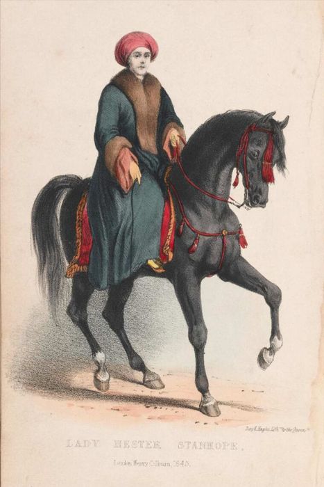 Lady Hester Stanhope mounted on a horse.