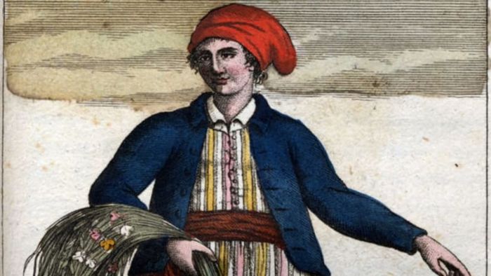 An artistic depiction of Jeanne Baré in sailor attire.