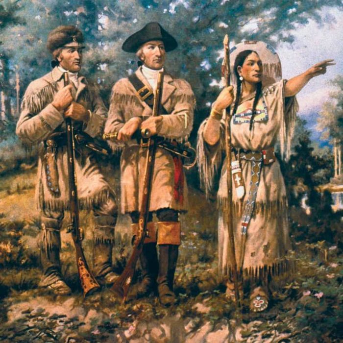 An illustration depicting Sacagawea guiding Lewis and Clark