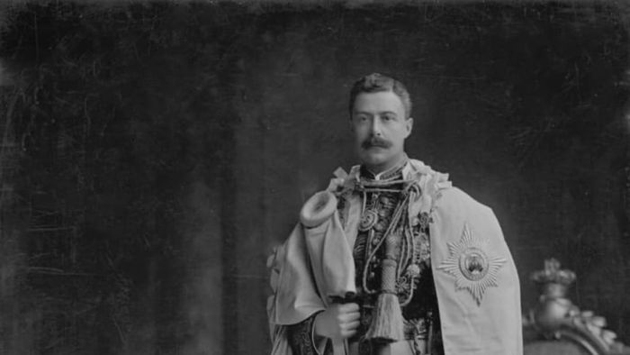 Lord Dudley, Grand Master of the Order of St. Patrick, wearing what's often called the Irish Crown Jewels