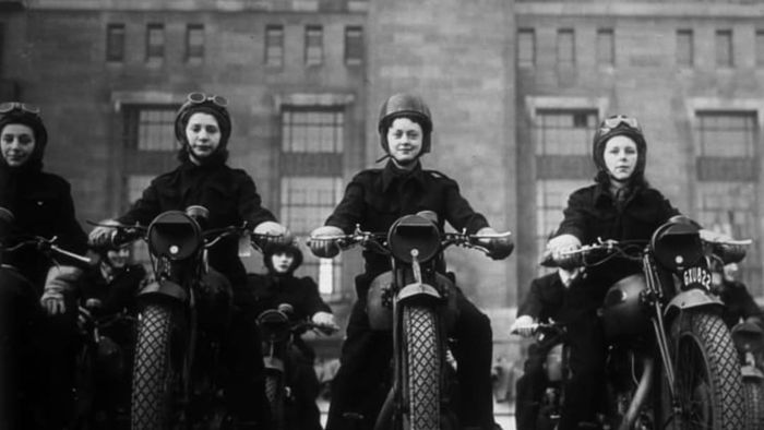 Ministry of Information dispatch riders on motorcycles, circa 1940.