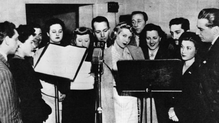 Eva Duarte (center, in 1944) gained fame as a radio actress before marrying Juan Perón and becoming Argentina's First Lady.