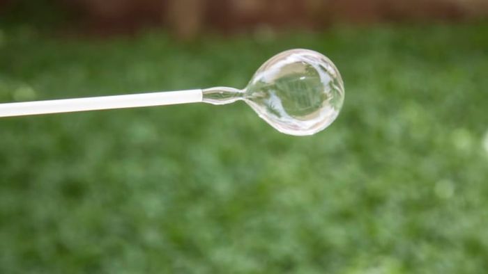 A bubble forming at the tip of a straw.