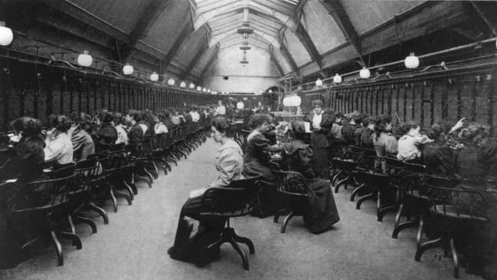 Switchboard operators working at the Manchester Telephone Exchange, circa 1900.