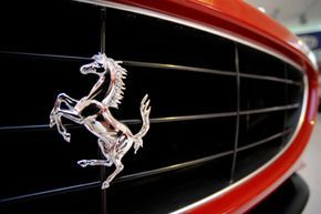 The iconic Ferrari prancing horse logo is displayed on the radiator of a California model at the Ferrari factory in Fiorano, located near Modena, Italy.