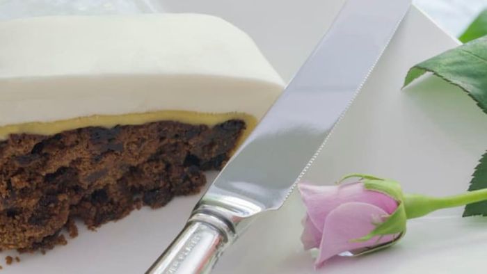 A slice of a wedding fruitcake