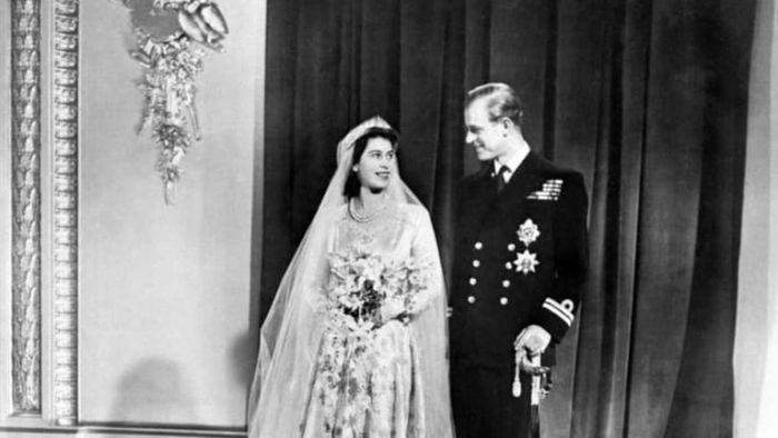Princess Elizabeth of England and Philip, the Duke of Edinburgh, pose for a photograph on their wedding day, November 20, 1947, at Buckingham Palace.