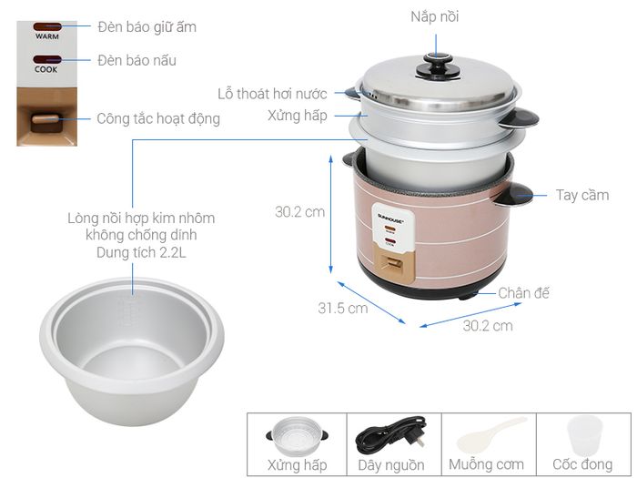 Nồi cơm nắp rời Sunhouse 2.2 lít SHD8135