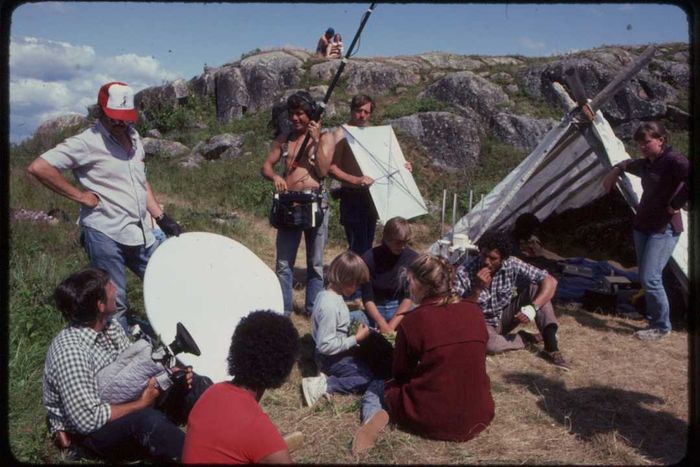The cast and crew filming a scene on Dyer Island, Maine.