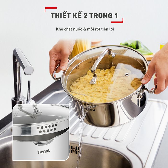 Nồi Inox Tefal Duetto Plus 28cm G7196456 - Thiết kế khe chắt nước và môi rót tiện lợi