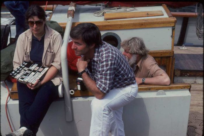 D’Arcy Marsh (center), the director and cameraman, alongside Peter Marston, who portrayed Captain Granville, during a break in filming