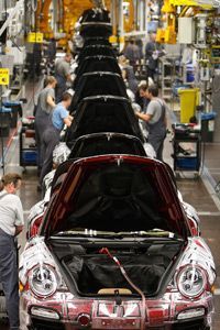 A contemporary assembly line at Porsche's factory in Germany.