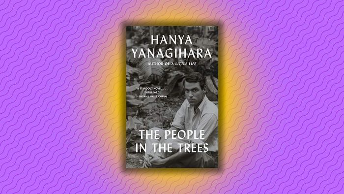 A purple background featuring the cover of ‘The People in the Trees.’