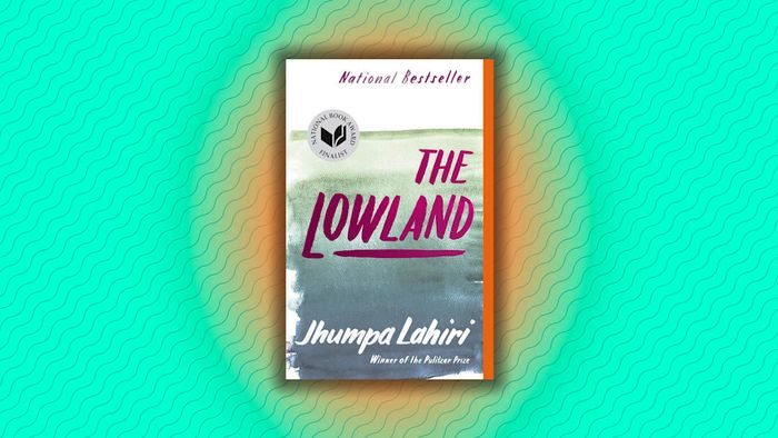 A teal background showcasing the cover of ‘The Lowland.’