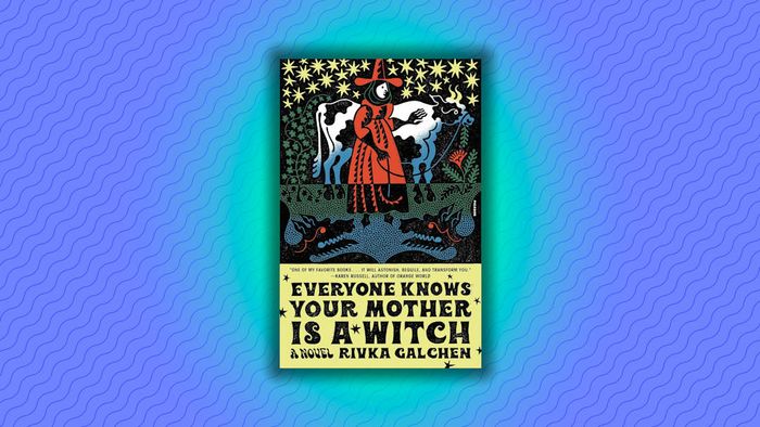 A blue background displaying the cover of ‘Everyone Knows Your Mother Is a Witch.’