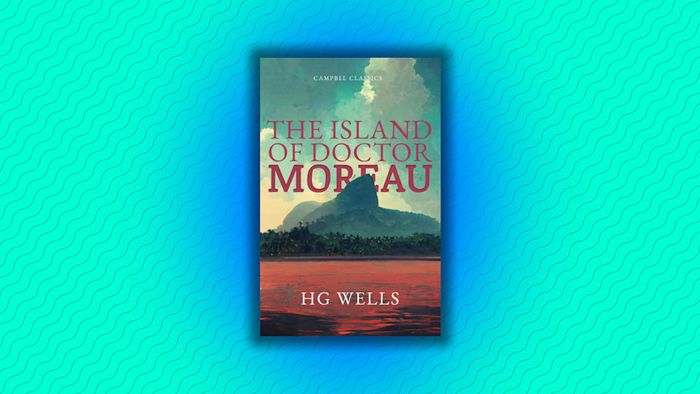 A teal background displaying the cover of ‘The Island of Doctor Moreau.’