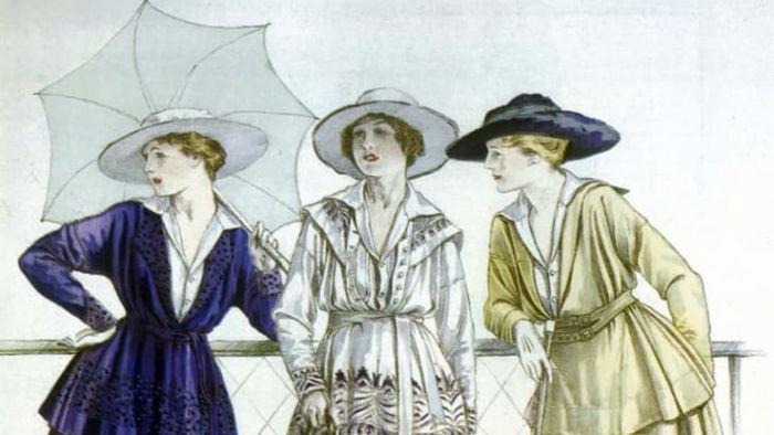 Illustration from 'Les Elegances Parisiennes,' depicting three women in daywear designed by